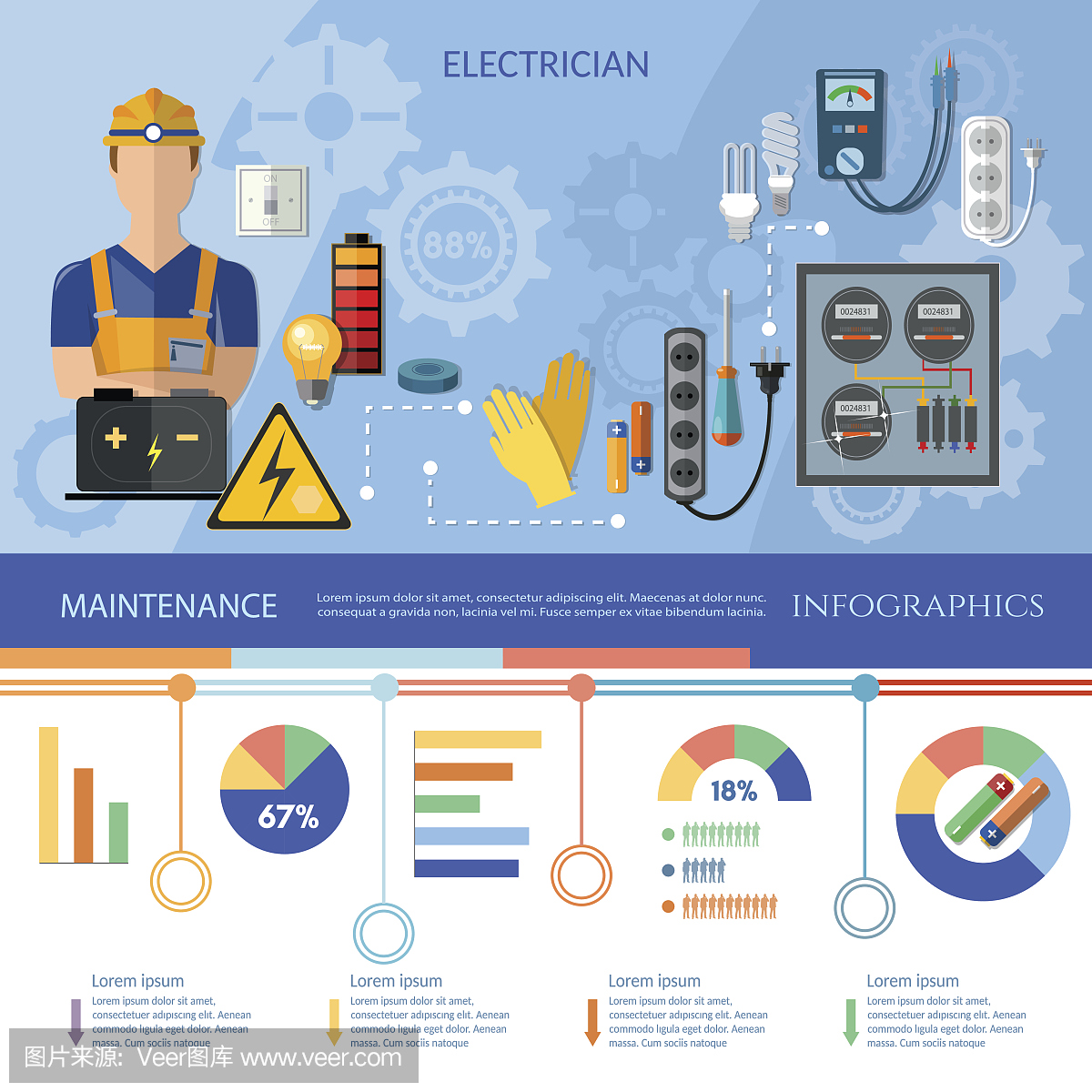 专业电工信息图。电气设备演示模板。电动工具的安装和维修